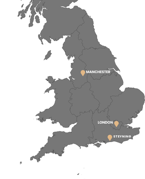 Map of the UK showing CBG Construction offices in Manchester, London and Steyning